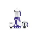Kimatsu Mixer Grinder - Turbo Blend with three stainless steel jars (liquid, dry, chutney) in blue and white, featuring a compact and sturdy design.