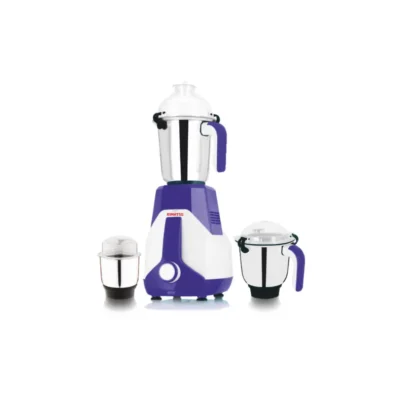Kimatsu Mixer Grinder - Turbo Blend with three stainless steel jars (liquid, dry, chutney) in blue and white, featuring a compact and sturdy design.