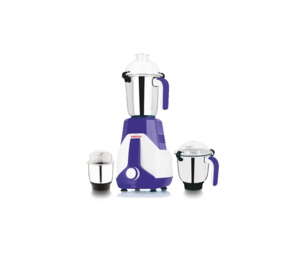 Kimatsu Mixer Grinder - Turbo Blend with three stainless steel jars (liquid, dry, chutney) in blue and white, featuring a compact and sturdy design.
