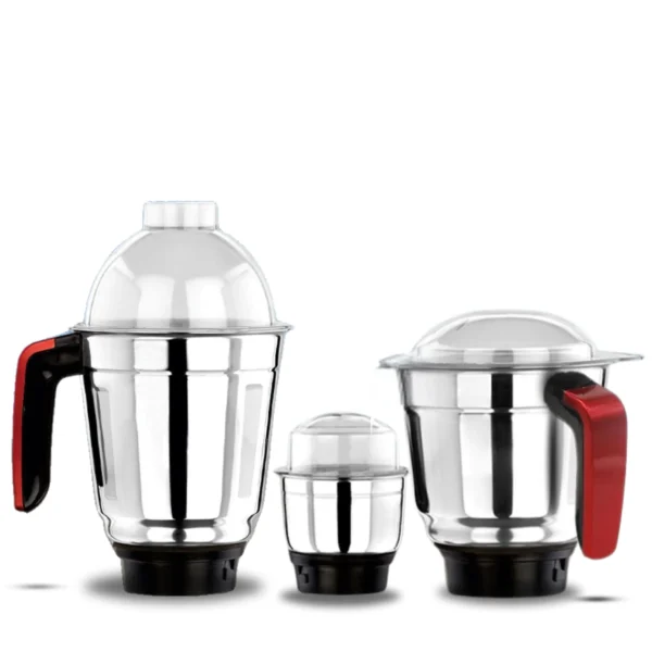 Kimatsu Stainless Steel Mixer Grinder Jar Set of 3 with Dome Lids and Red Handles – 1200ML, 1000ML, 400ML