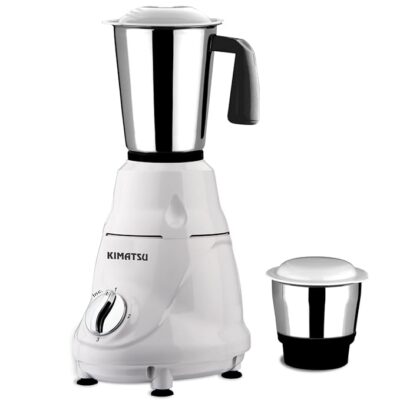 550-watt mixer grinder body with two stainless steel jars (0.3L and 1.5L) placed beside