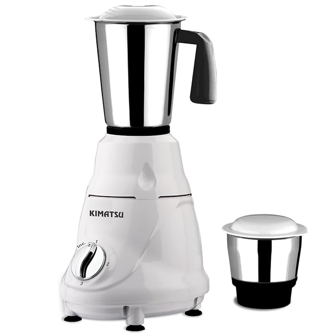 550-watt mixer grinder body with two stainless steel jars (0.3L and 1.5L) placed beside