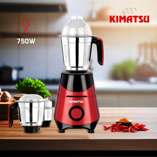 Side view of mixer grinder in use, grinding ingredients with its 750-watt motor.